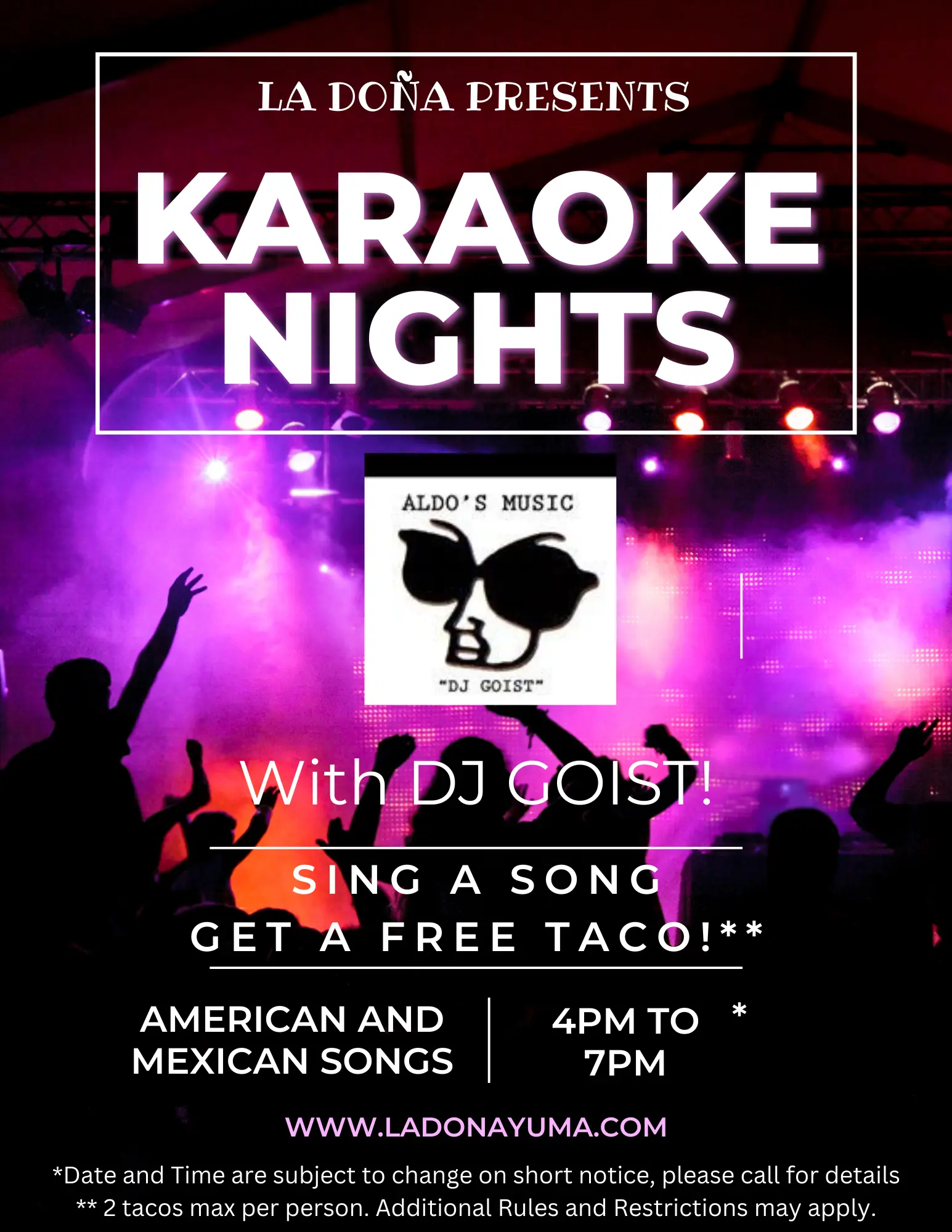Karaoke Monday flyer with DJ Goist hosted from 4pm to 7pm, please call for confirmation